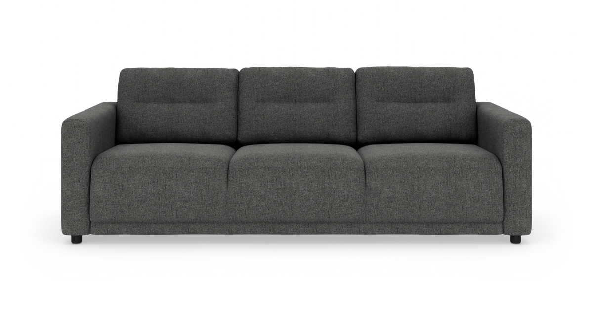 Mørkegrå 3-personers sofa set forfra på hvid baggrund.