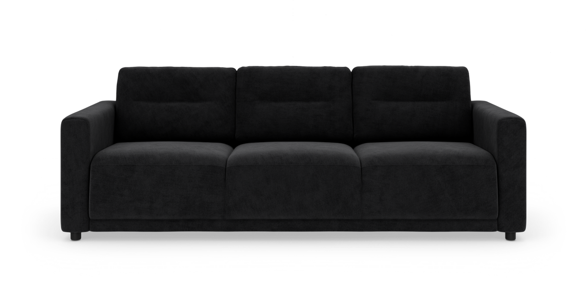 Sort tresæders sofa med rette armlæn, fotograferet forfra på hvid baggrund.