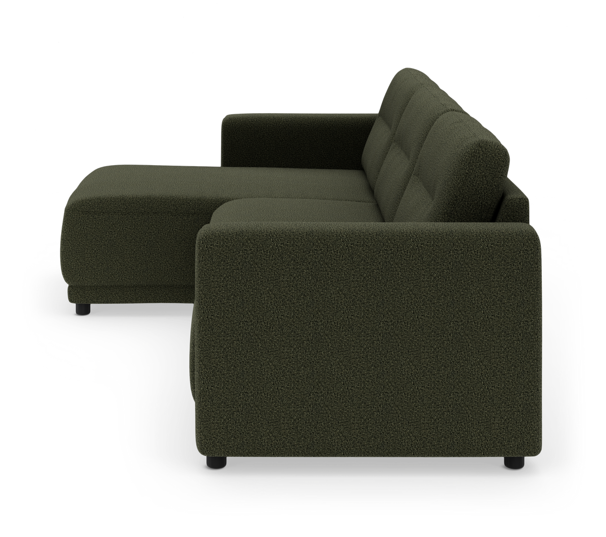 Mørkegrøn modulsofa med venstrevendt chaiselong set fra siden.