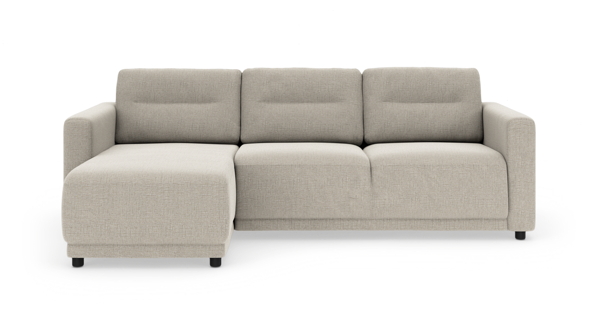Lys beige modulsofa med venstrevendt chaiselong, set forfra.