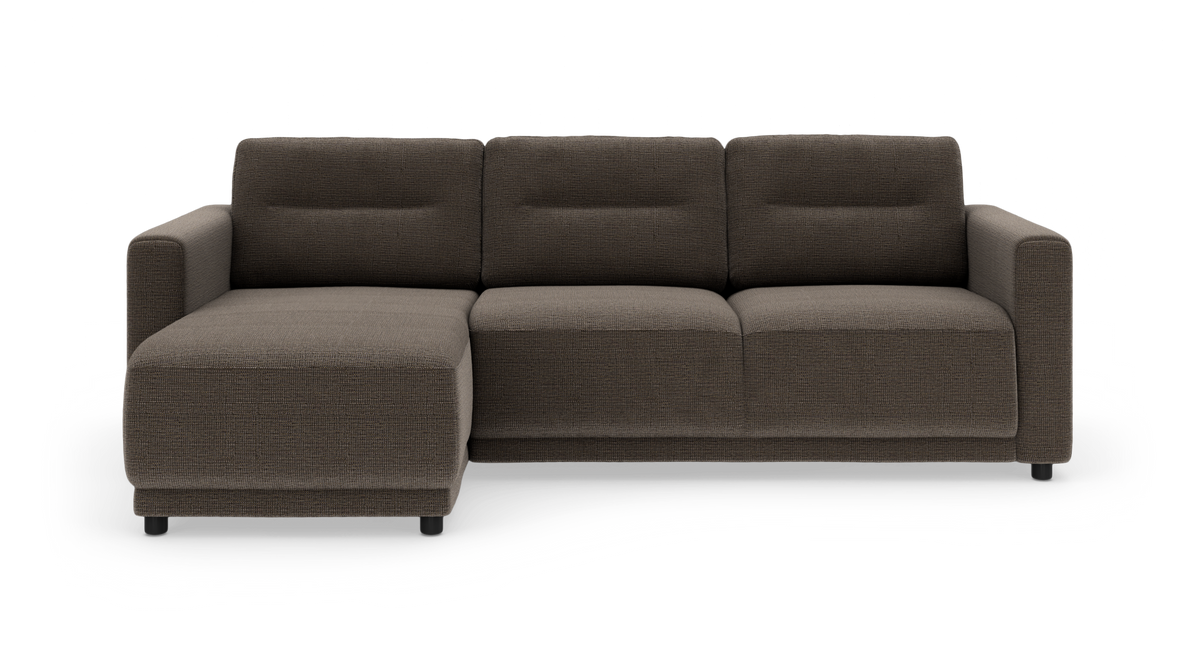 Mørkebrun 3-personers sofa med venstrevendt chaiselong i stof, moderne design.
