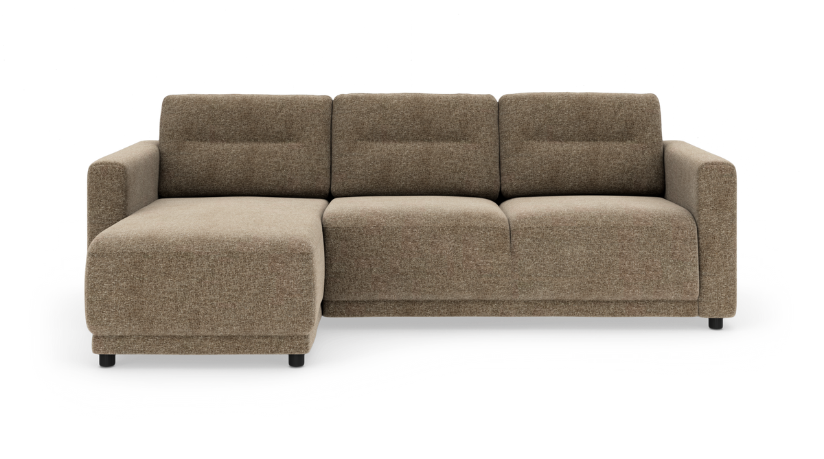 Brun-beige modulsofa med venstre chaiselong, set forfra.