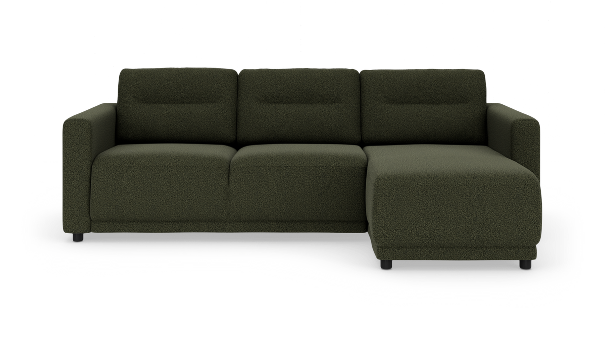 Mørkegrøn modulsofa med chaiselong til højre, set forfra mod hvid baggrund.