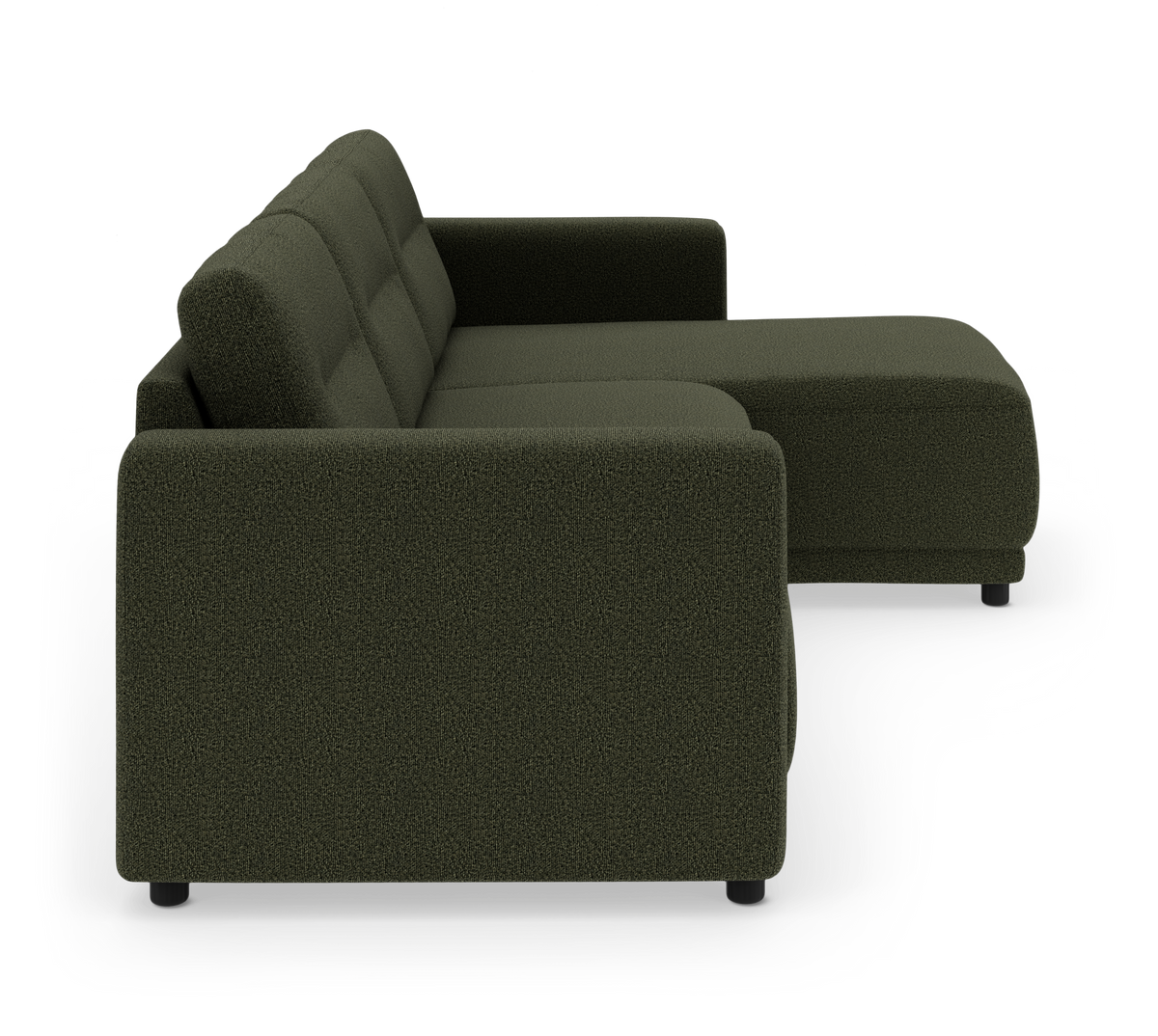 Mørkegrøn modulsofa med chaiselong højre, set fra siden, frilagt på hvid baggrund.