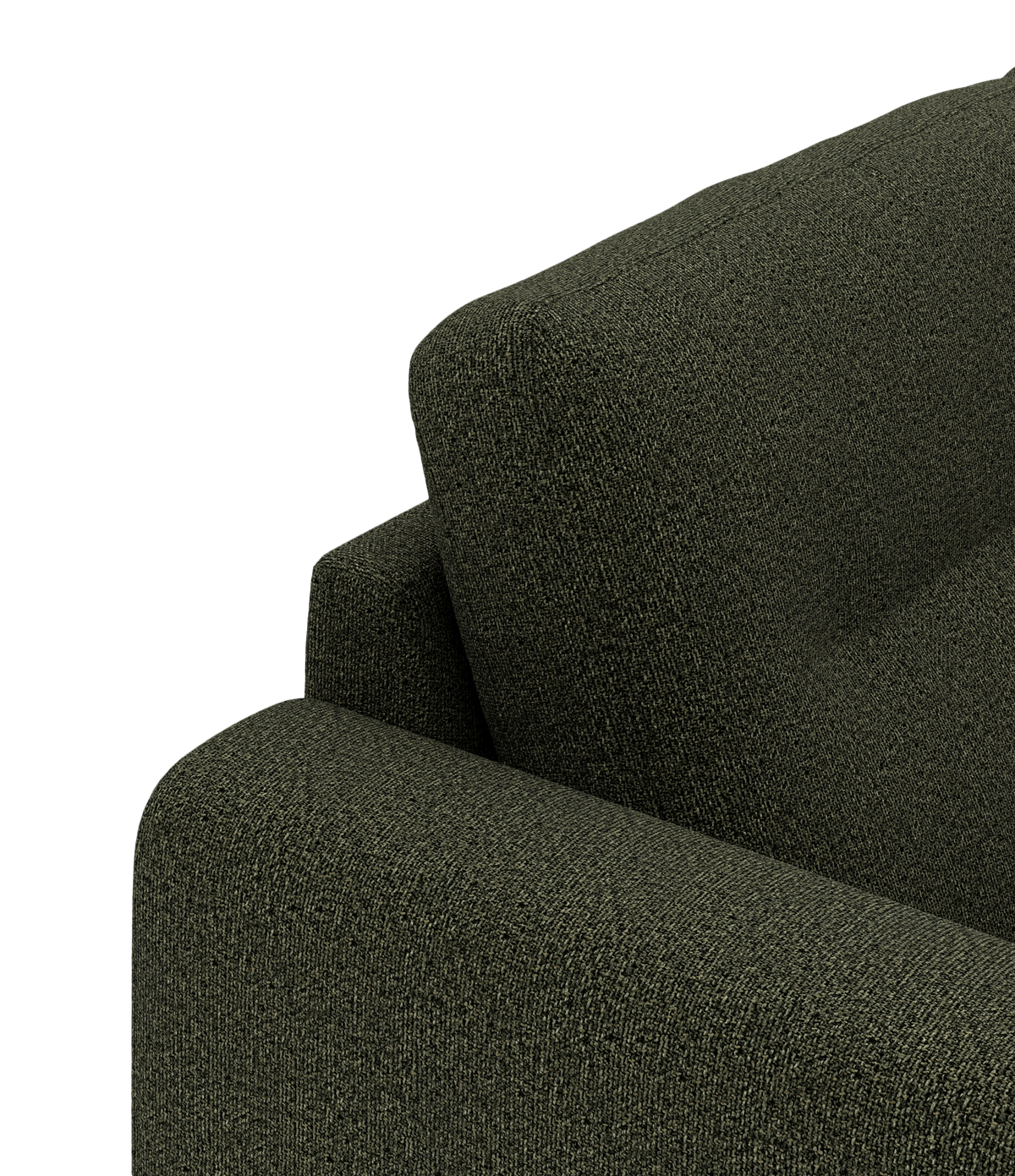 Nærbillede af en mørkegrøn stofsofa med bred armlæn og ryghynde.