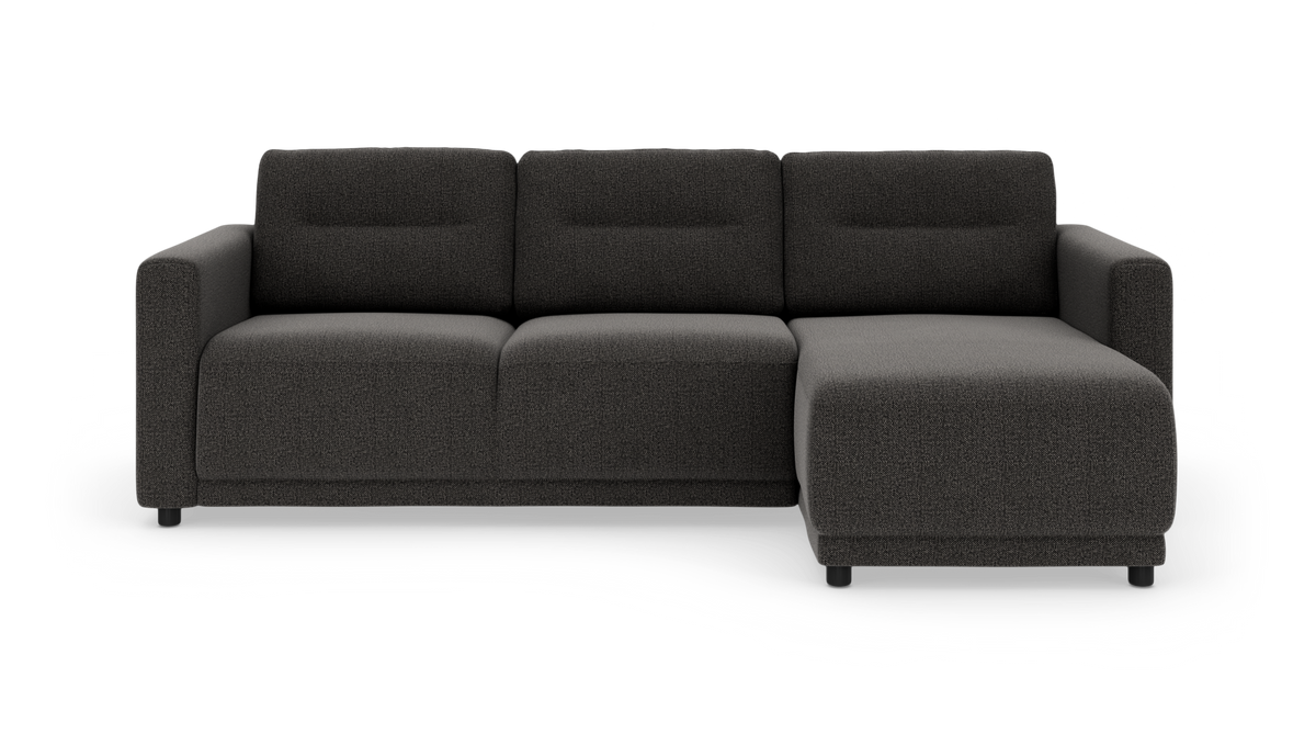 Mørkegrå modulsofa med højre chaiselong, frontvisning, frilagt på hvid baggrund.