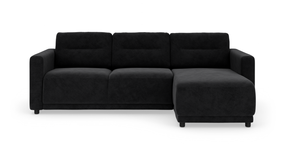 Sort hjørnesofa med chaiselong til højre, fritlagt på hvid baggrund.