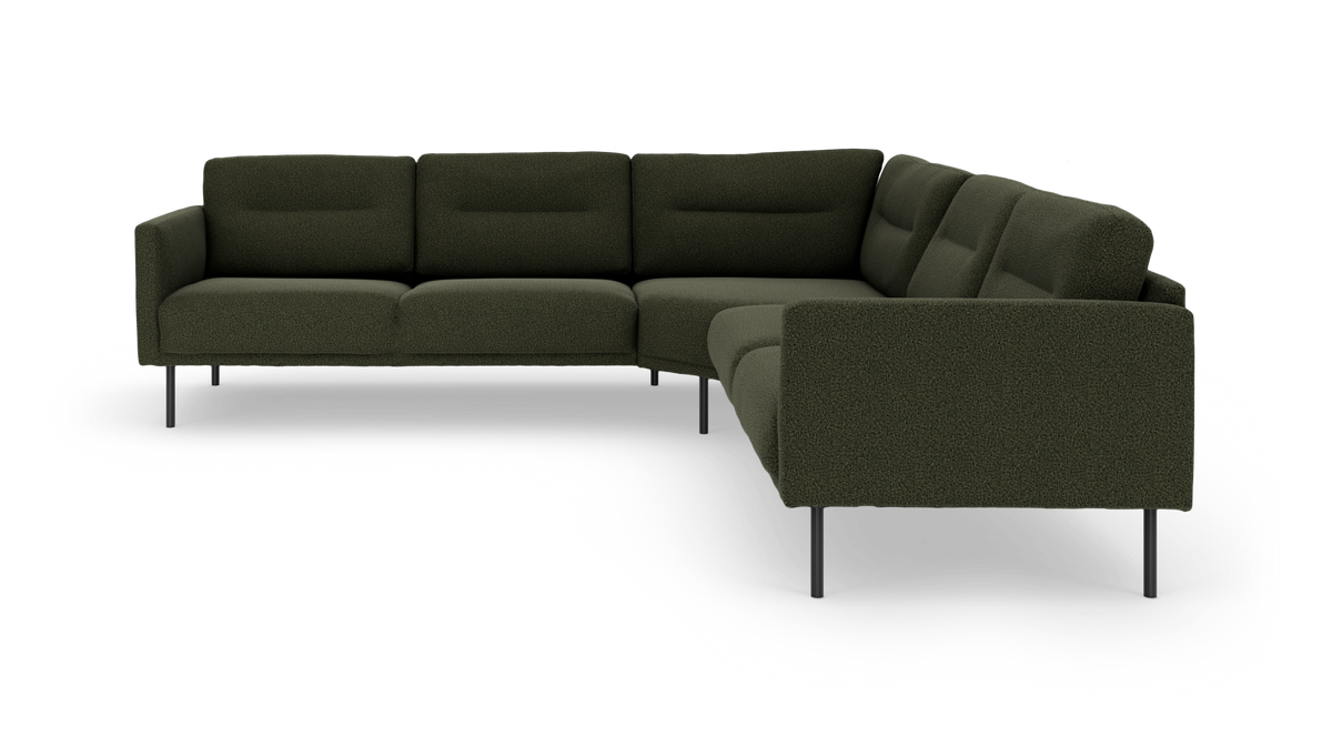 Mørkegrøn modulær hjørnesofa i L‑form med slanke metalben.