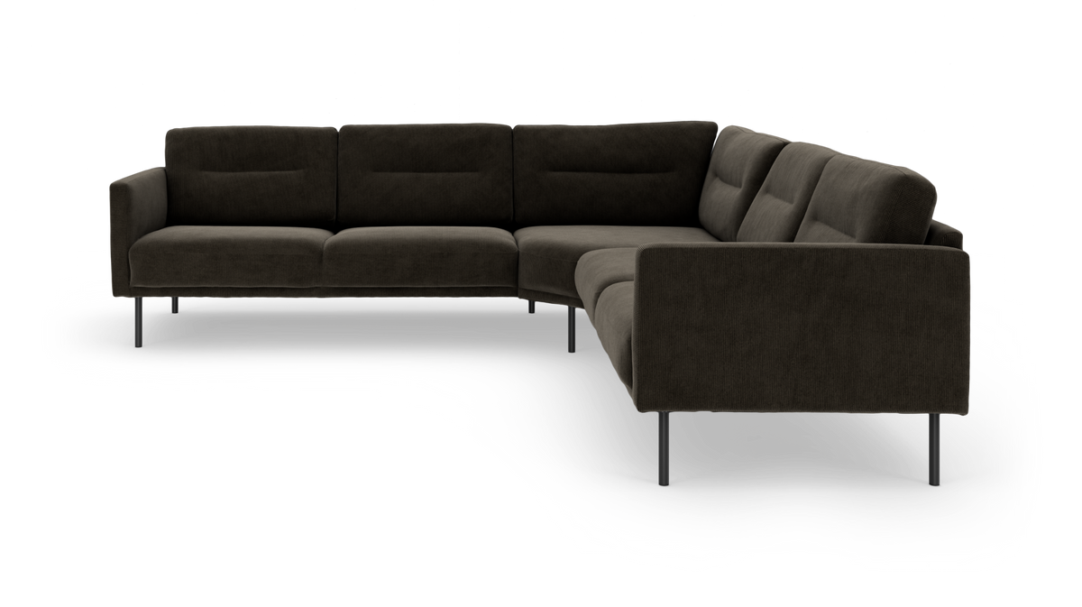 Mørkebrun L-formet modulsofa med metalben, fotograferet i studie på hvid baggrund.