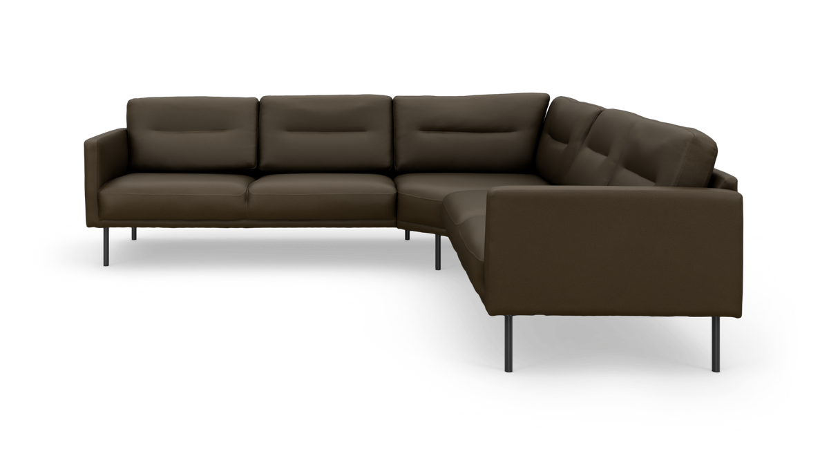 Mørkebrun L‑formet hjørnesofa i moderne design med slanke metalben.