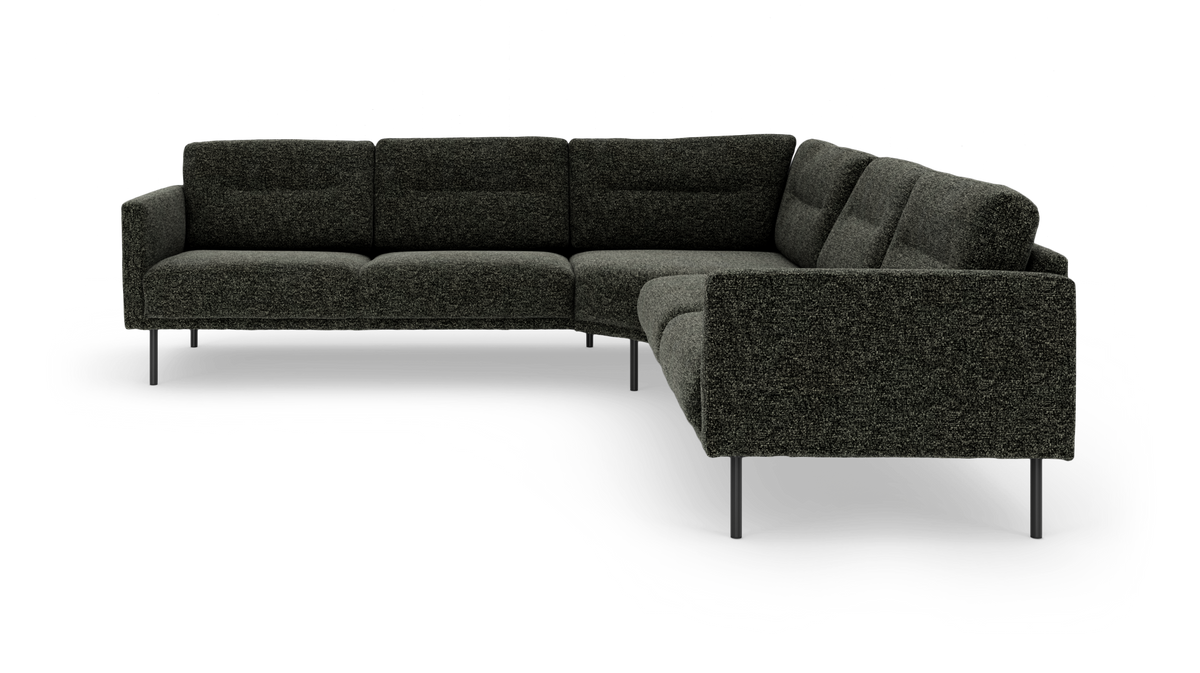 Mørkegrå modulær hjørnesofa med lave ryglæn og slanke metalben, frilagt på hvid baggrund.