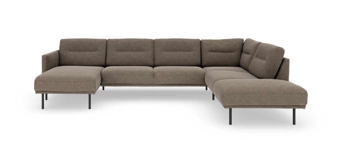 U-formet modulsofa i beige/brun tekstil med slanke sorte metalben.