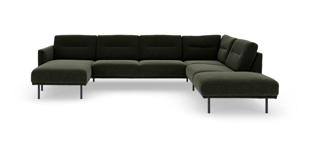 Mørkegrøn modul-hjørnesofa med chaiselong og slanke metalben på hvid baggrund.