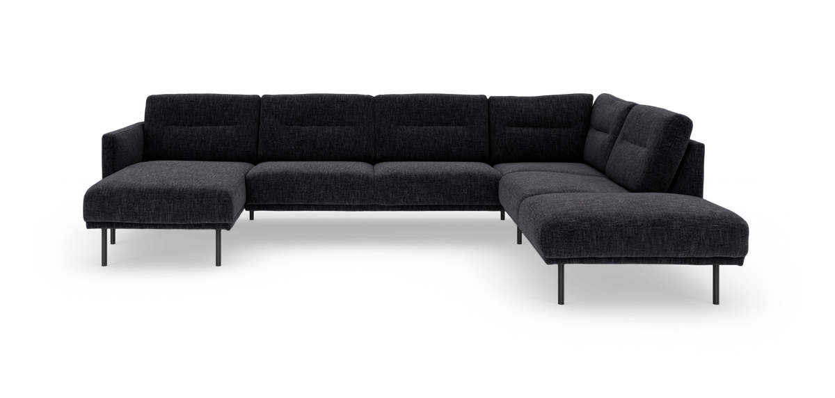 Mørkegrå U-formet modulsofa med slanke metalben, frilagt på hvid baggrund.