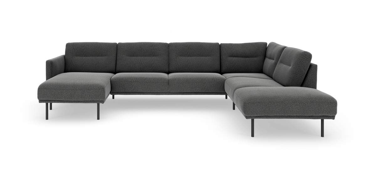 Mørkegrå U-formet modulsofa med lave ryglæn og slanke metalben, fritlagt mod hvid baggrund.