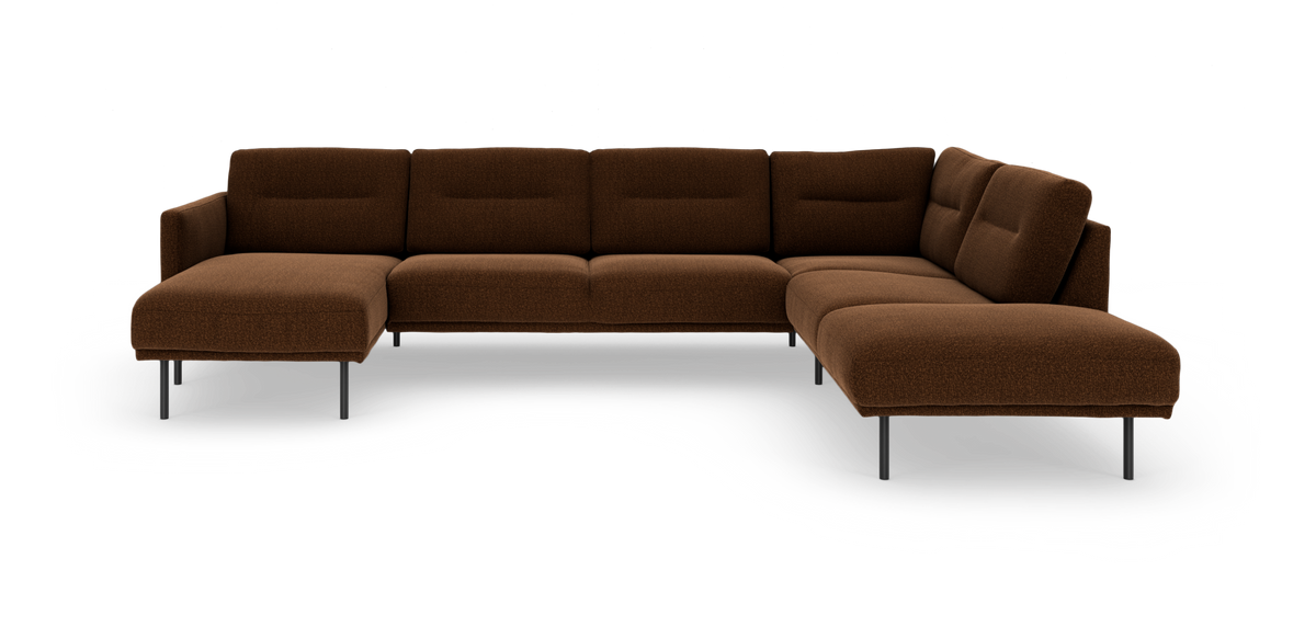 Brun U-formet modulsofa med metalben, fritlagt på hvid baggrund.