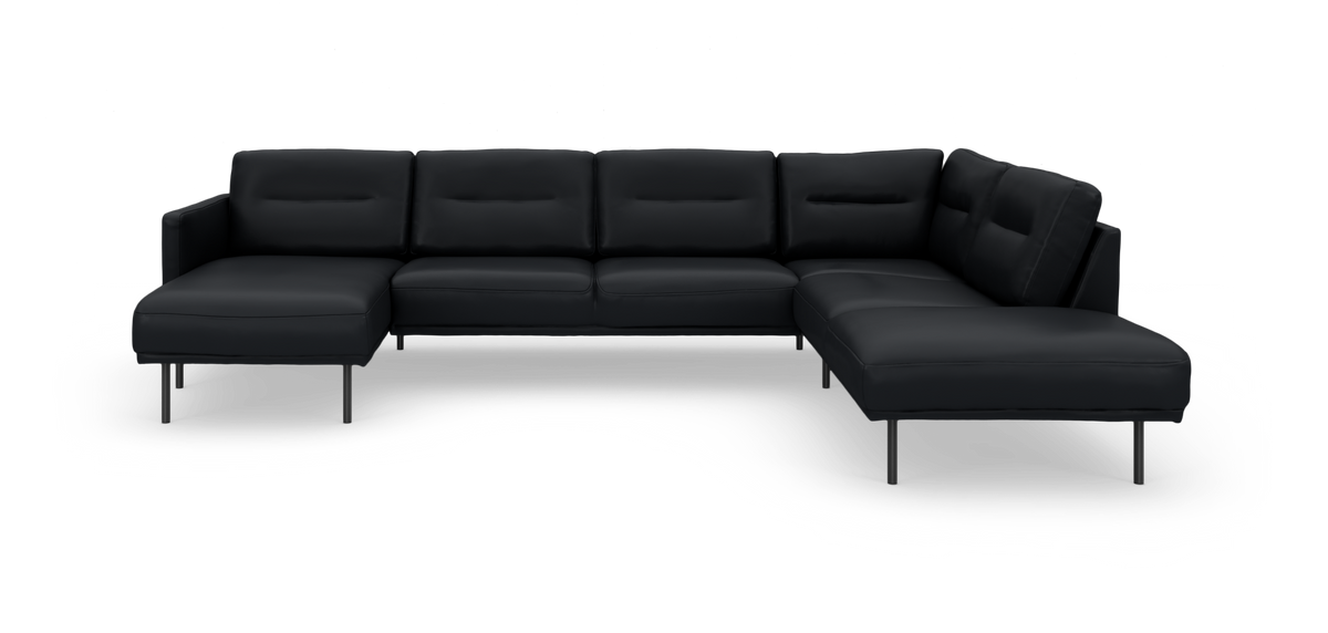 Sort modul-hjørnesofa i læder med chaiselong, frilagt på hvid baggrund.