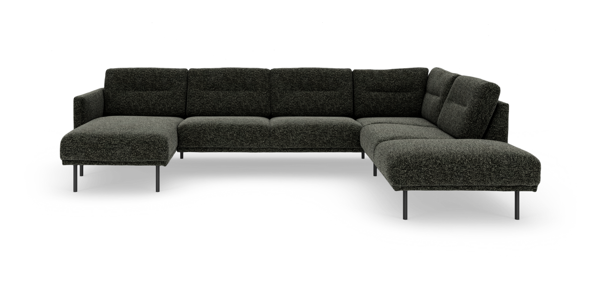 Mørkegrå modulsofa i U‑form med chaiselong i begge ender, slanke metalben, frilagt på hvid baggrund.