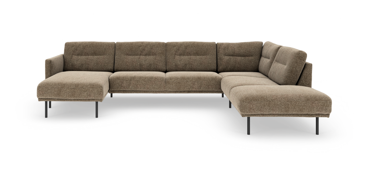 U-formet modulsofa med chaiselong til venstre, beige/brun tekstil og slanke metalben.