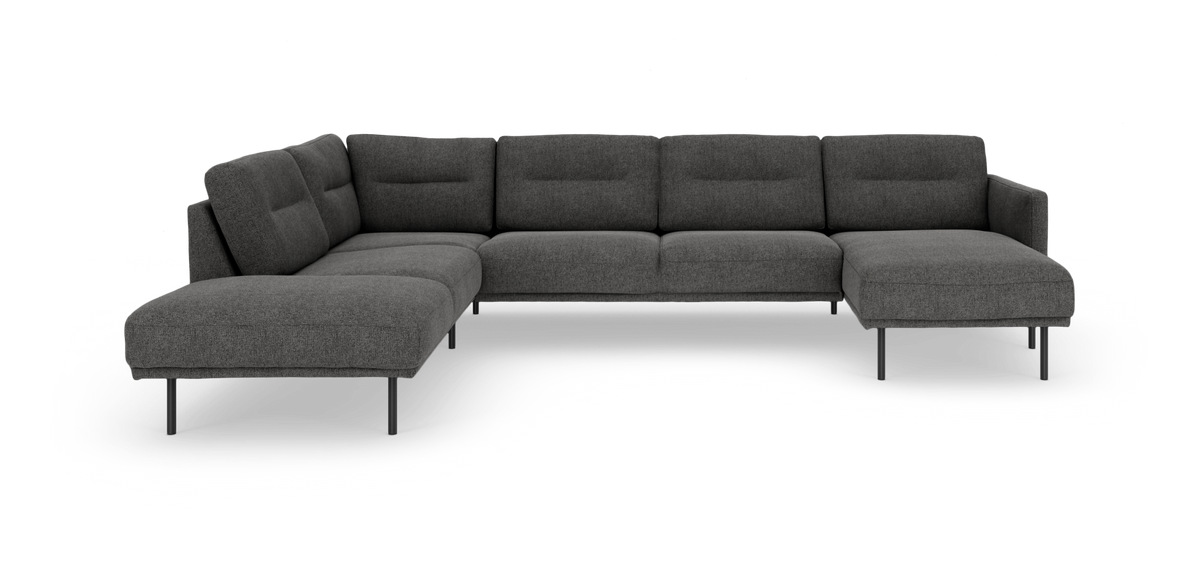 Mørkegrå modul-hjørnesofa med chaiselong, metalben og let polstrede ryghynder.