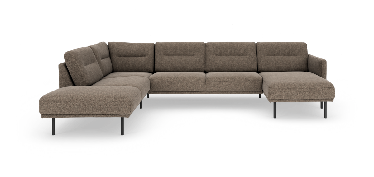 Brun L‑formet modulsofa med metalben, frilagt på hvid baggrund.