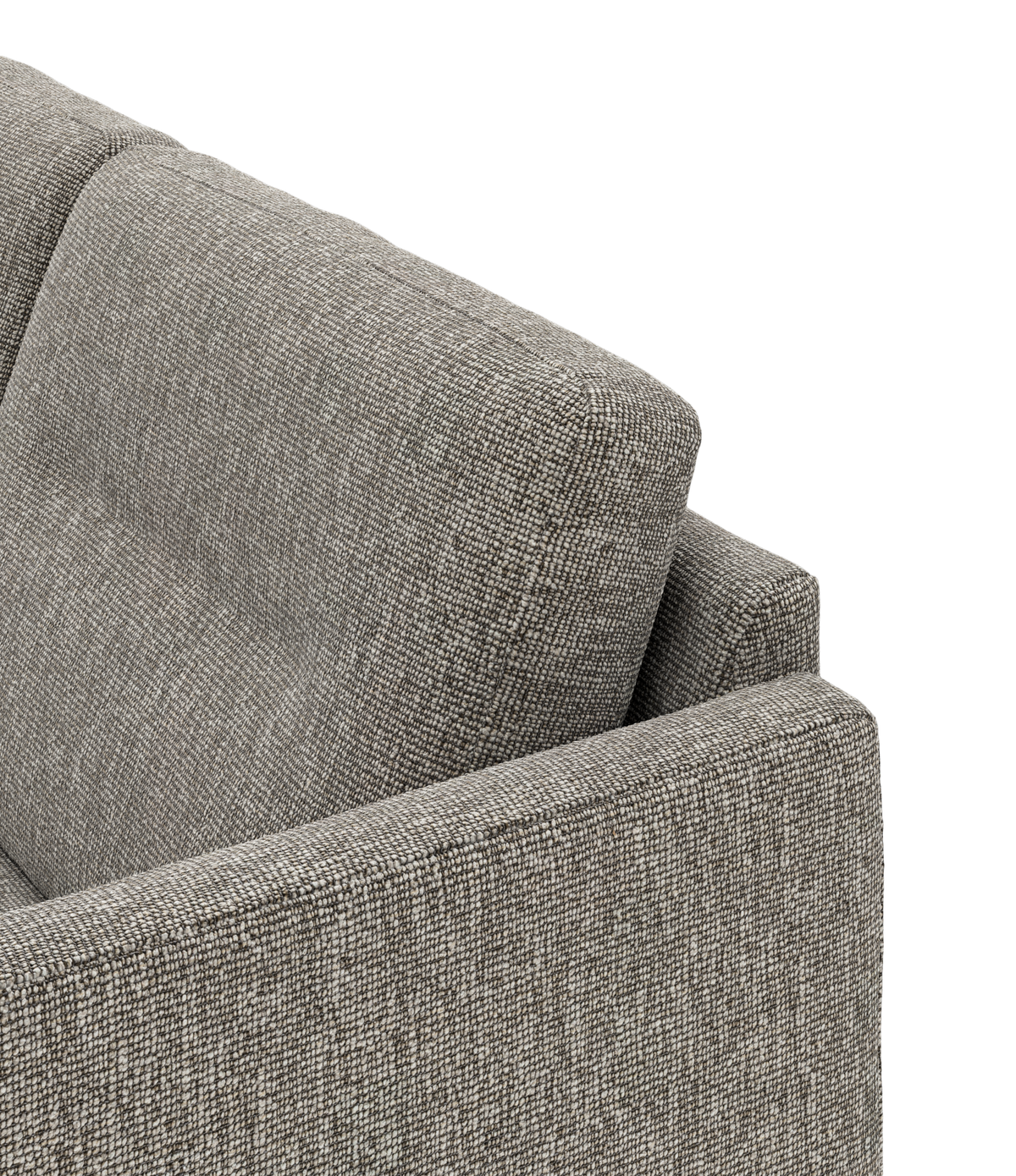 Detaljebillede af gråt stofsofa-hjørne med ryghynde, isoleret på hvid baggrund.