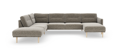 Modulær L-sofa i grå/beige stof med træben, vist som hjørnesofa med åben ende til venstre og chaiselong til højre.
