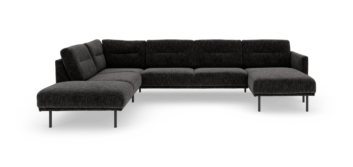 Mørkegrå modulær hjørnesofa med chaiselong til højre, fritlagt på hvid baggrund.