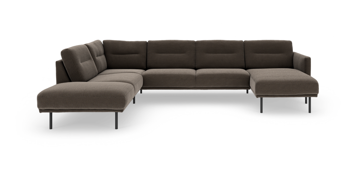 Modulær mørkebrun L-formet hjørnesofa med chaiselong til højre og slanke metalben.
