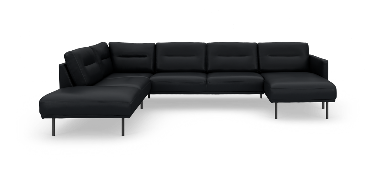 Sort U-formet modulsofa i læder med metalben, frilagt på hvid baggrund.