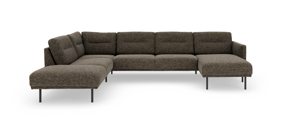 L-formet modulsofa i brunmeleret stof med slanke metalben og højrevendt chaiselong.