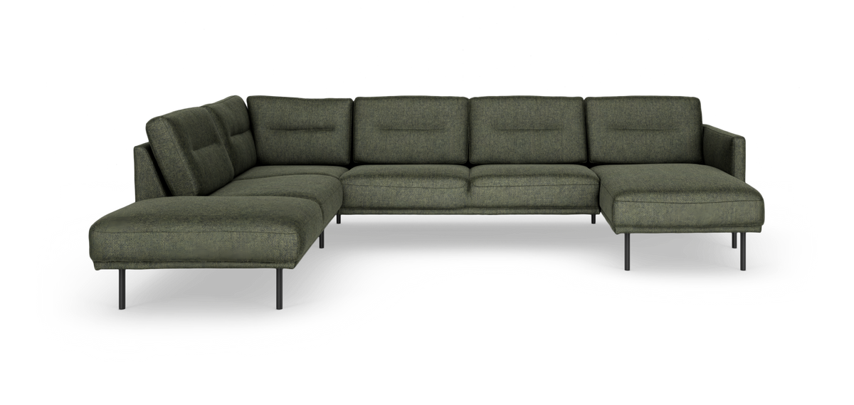Grøn L-formet modulsofa med metalben, frilagt på hvid baggrund.