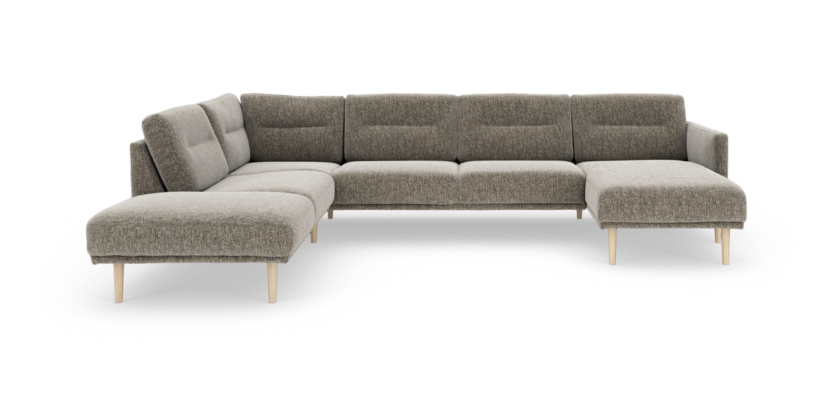 Modulær L‑formet hjørnesofa i gråbeige stof med træben, frilagt på hvid baggrund.