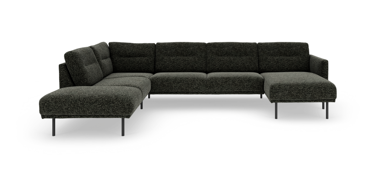 Mørkegrå L‑formet modulsofa med højre chaiselong og slanke metalben.