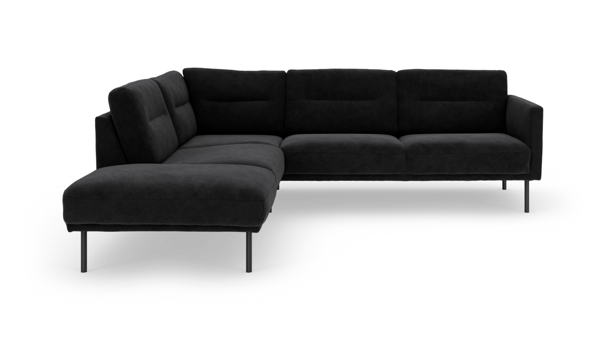 Mørkegrå L-formet modulsofa med slanke metalben, frilagt på hvid baggrund.