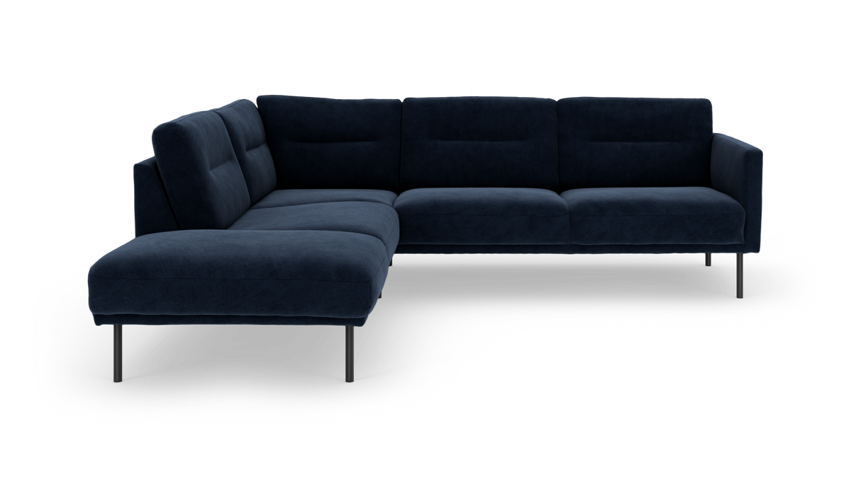 Mørkeblå L-formet modulsofa med metalben på hvid baggrund.