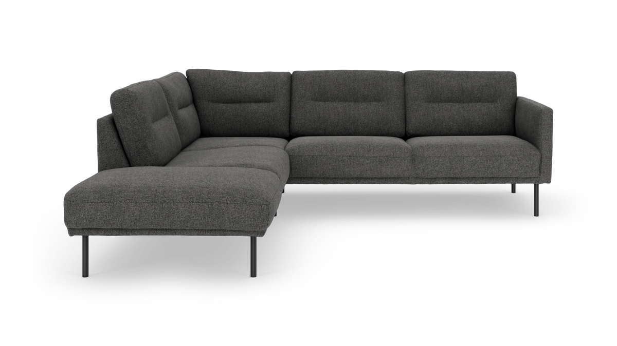Mørkegrå hjørnesofa med chaiselong og slanke metalben.