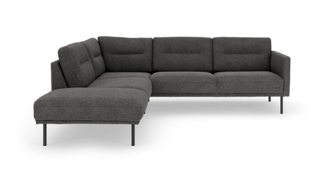 Mørkegrå hjørnesofa med chaiselong og slanke metalben.