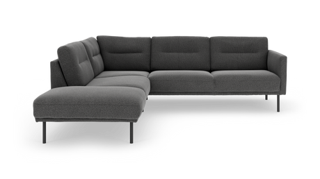 Mørkegrå modulopbygget hjørnesofa med slanke metalben, frilagt på hvid baggrund.
