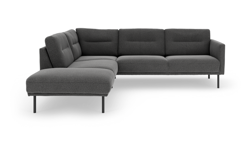 Mørkegrå modulopbygget hjørnesofa med slanke metalben, frilagt på hvid baggrund._ps