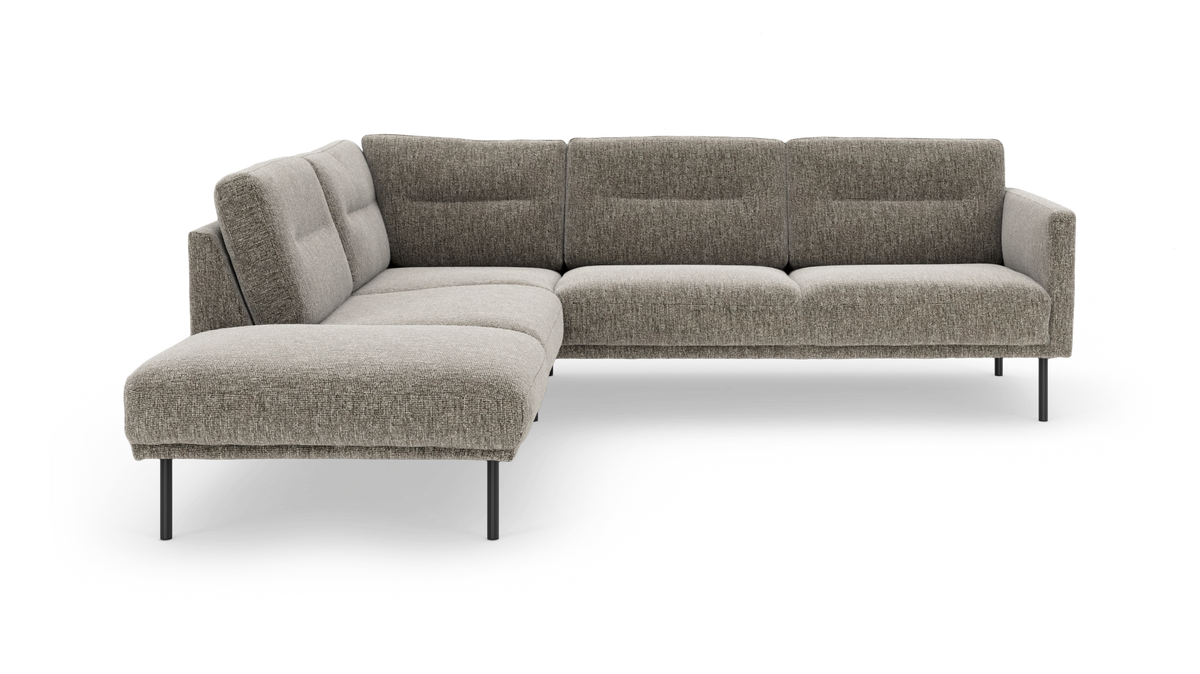 L‑formet modulsofa i beige/gråt stof med metalben, fritlagt på hvid baggrund.