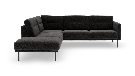 Mørkegrå L-formet modulsofa med metalben, frilagt på hvid baggrund.