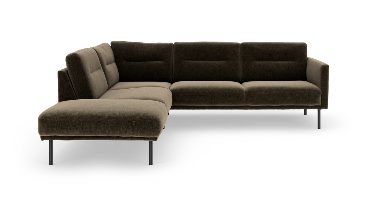 L‑formet mørkebrun modulsofa med metalben, fritstående mod hvid baggrund.