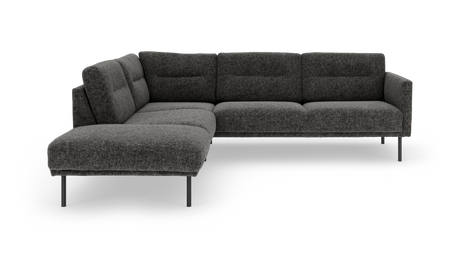 Mørkegrå modulsofa i stof, L‑form med chaiselong til venstre og slanke metalben.