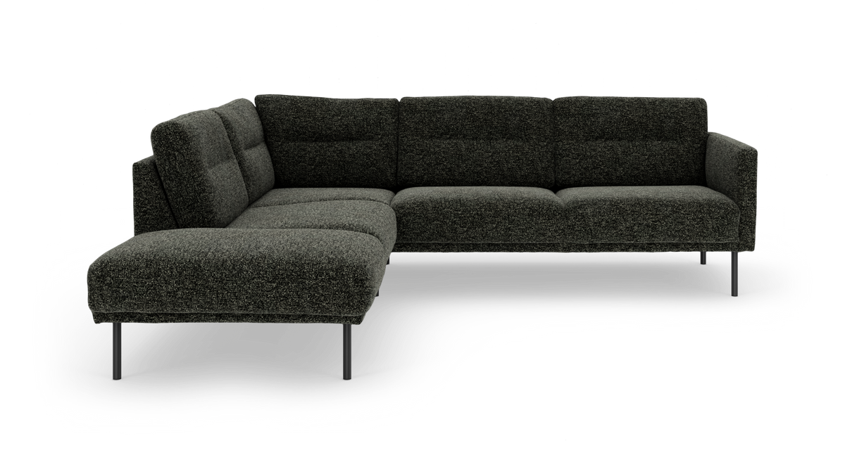 Mørkegrå L‑formet modulsofa med venstre chaiselong og slanke metalben, frilagt på hvid baggrund.