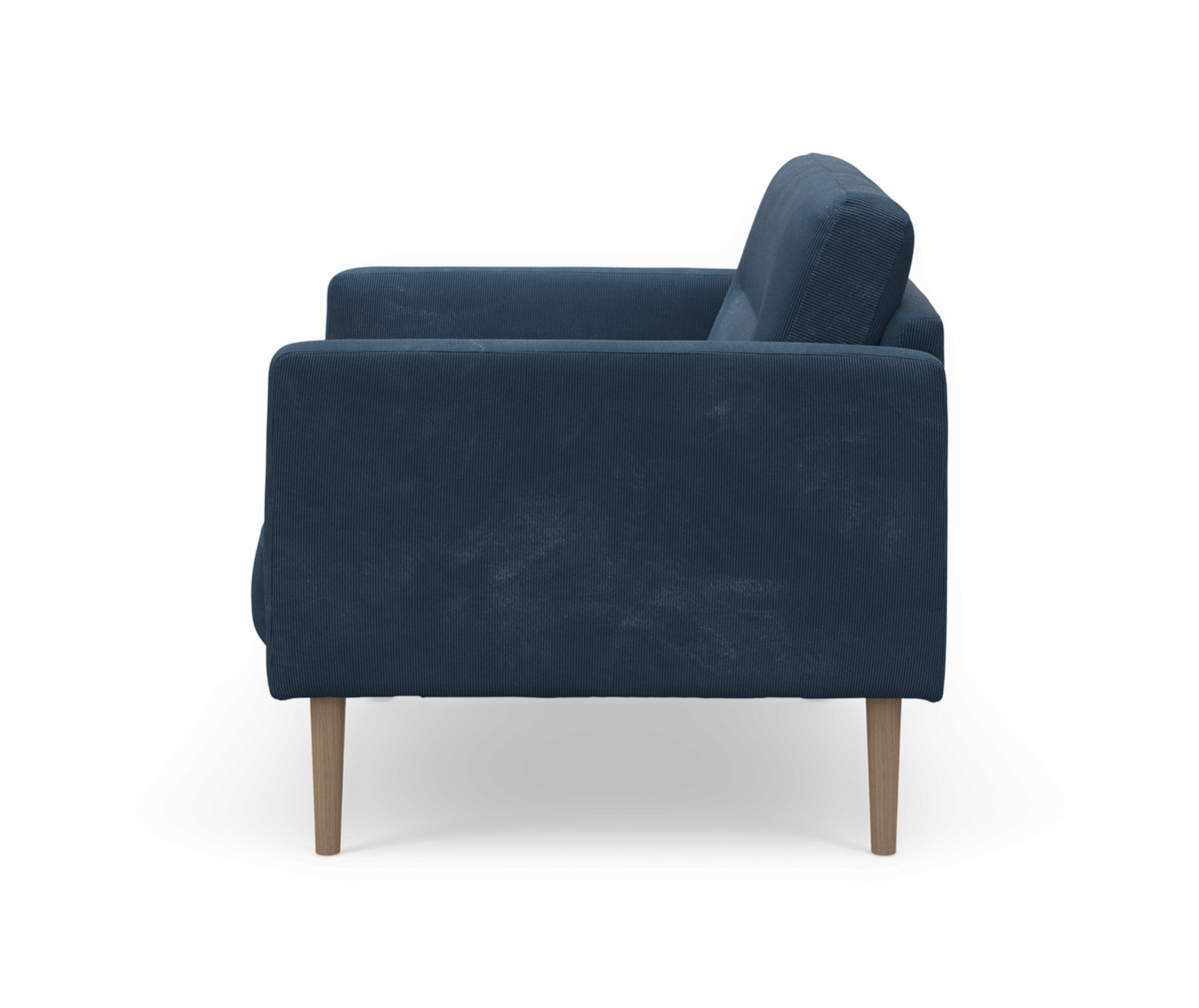 Sidevisning af mørkeblå stofsofa med træben, fritlagt på transparent baggrund.