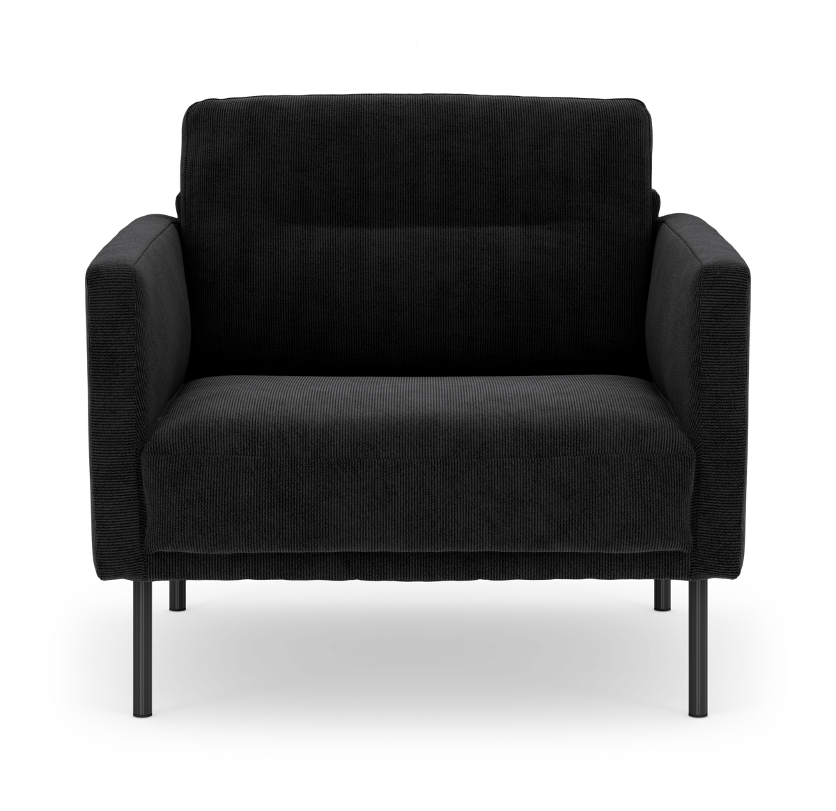 Sort lænestol i moderne, minimalistisk design, fotograferet forfra på hvid baggrund.