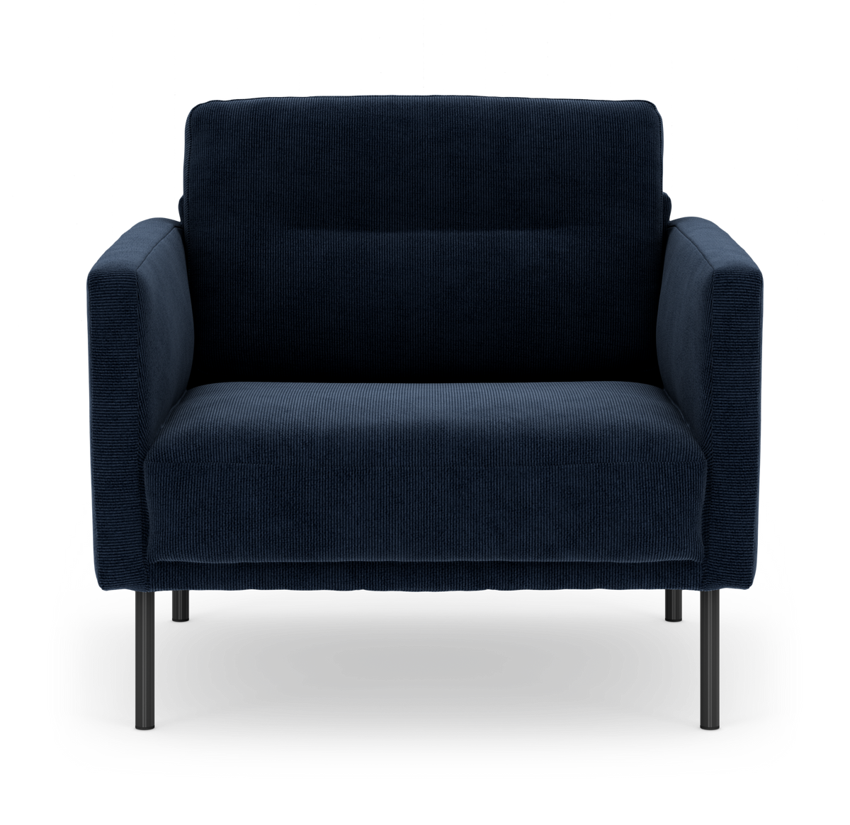 Mørkeblå tosædet sofa med slanke metalben, frontvisning på hvid studiobaggrund.