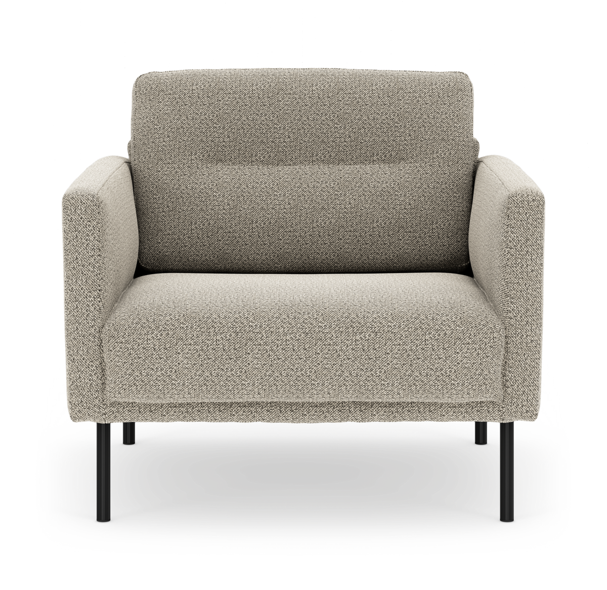 Beige lænestol i tekstureret stof med slanke sorte metalben, frontvisning fritlagt på hvid baggrund.
