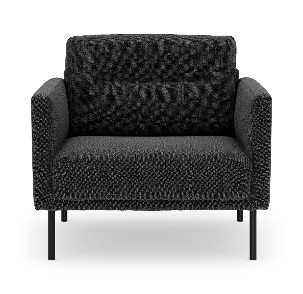 Mørkegrå 2-personers sofa i stof med lige armlæn og slanke sorte metalben, fotograferet forfra mod hvid baggrund.